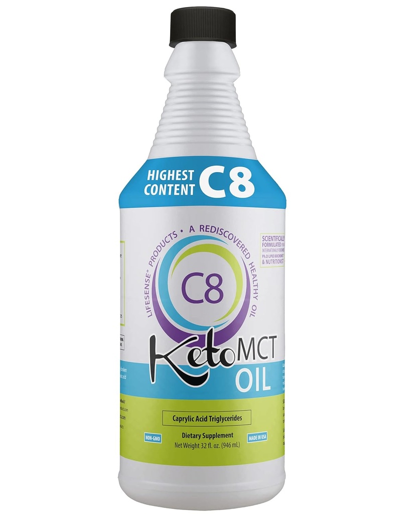 LifeSense C8 MCT Olej, Keto- Friendly, Sourced from Coconut Oil, Klinicky osvědčený pro zvýšení výroby ketonu, Optimální palivo pro mozek a tělo, Made in USA by PhD Nutrition, 32 oz