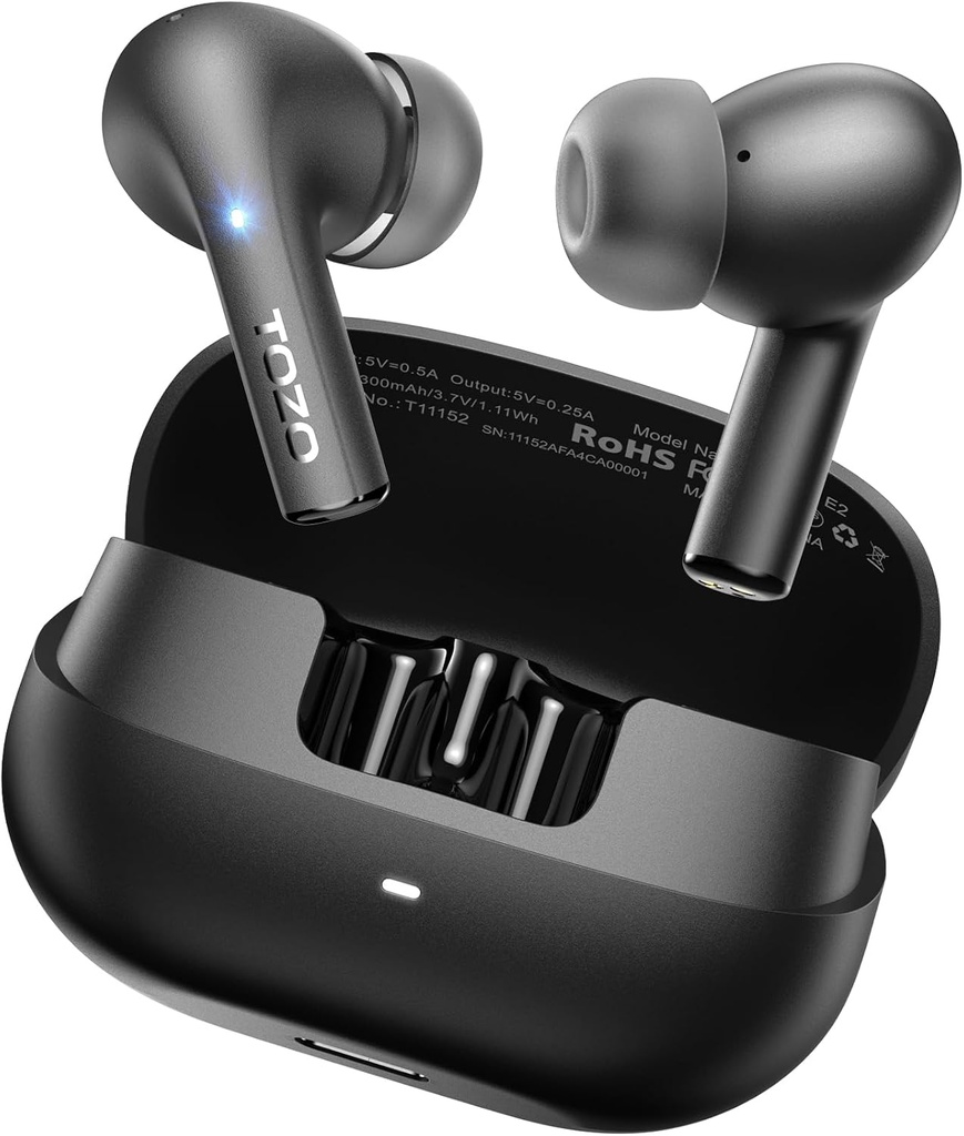 TOZO E2 Bezvadu earbuds 10mm Draiveri ar jaudīgiem Bass, App Pielāgo 32 EQs, ar 2 Mics AI zvanu trokšņa atcelšana, 30H Playtime, Bluetooth 5.3 Ausu Buds, Comfort Fit in-Ear austiņas