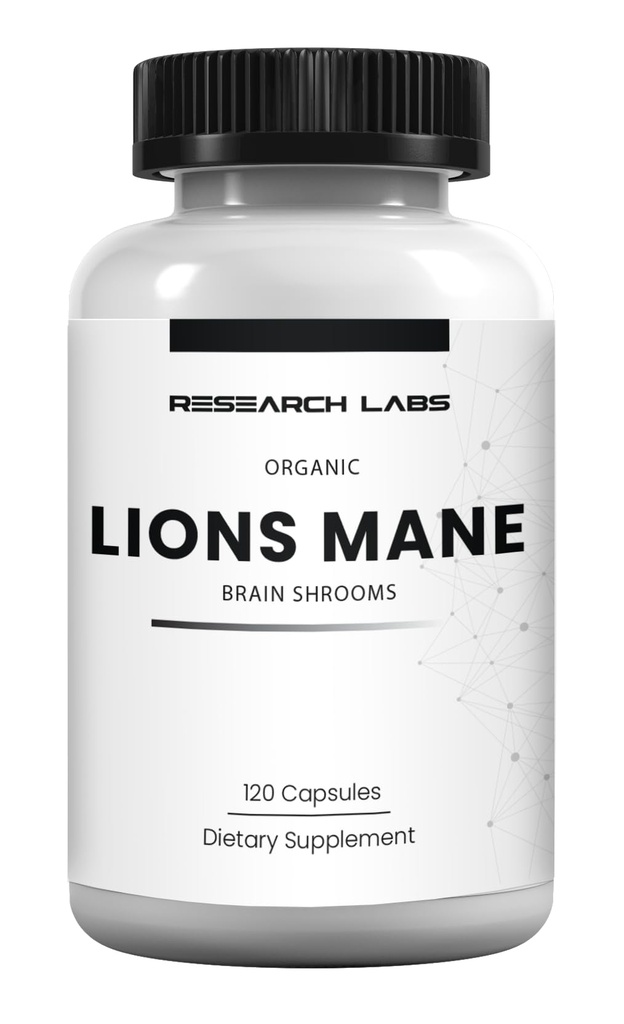 Research Labs Organic Lions Mane Supplement Capsules, 120 Capsules w/Patent Litropane™, Immune System Booster & Nootropic Brain Support Mushroom Supplement. Concentrated & Purified Extract