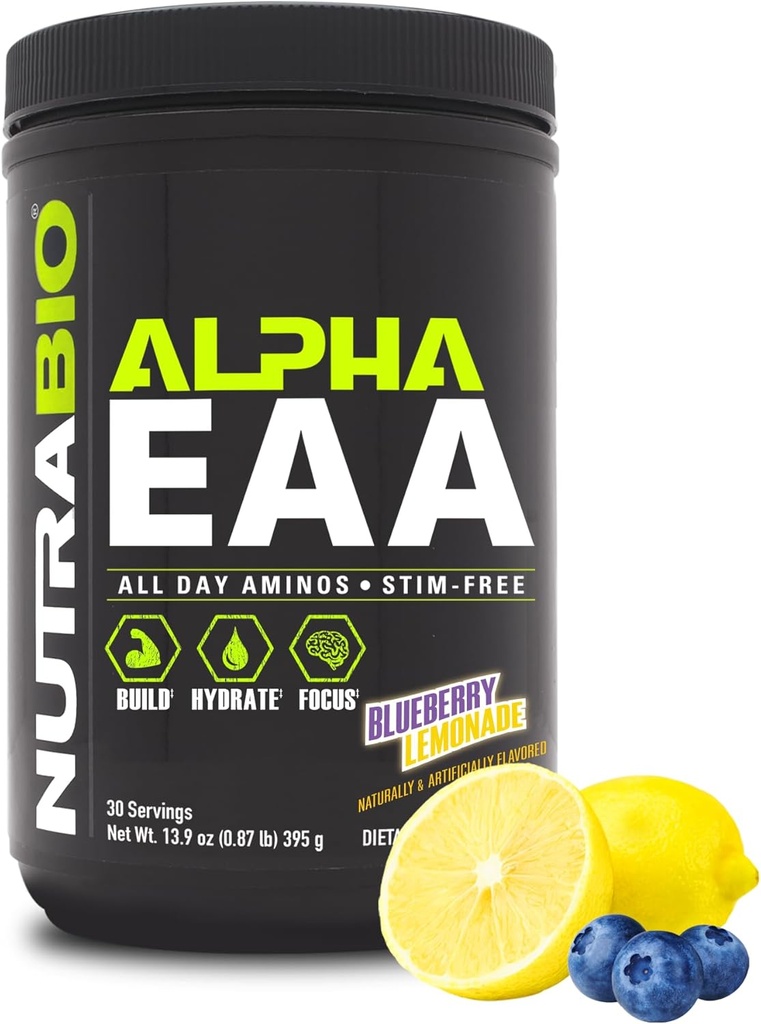 NutraBio Alpha EAAA - All-Day Amino Acids for Muscle Growth and Hydration - Essential Amino Acids with Nootropics ' Adaptogens- Full Spectrum EA BCAA Powder - 30 Servings - Blueberry Lemonade