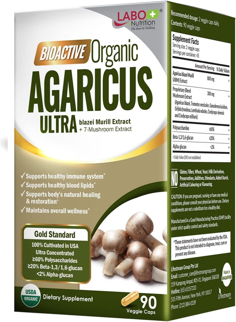 Labo Nutrition Bioactive Organic Agaricus Ultra - 7 Mushroom Extract Supplement Agaricus blazei Murill Cordyceps, Maitake, Tyrkia Tail, Lingzhi, Shiitake for avansert immunstøtte, USDA Organic