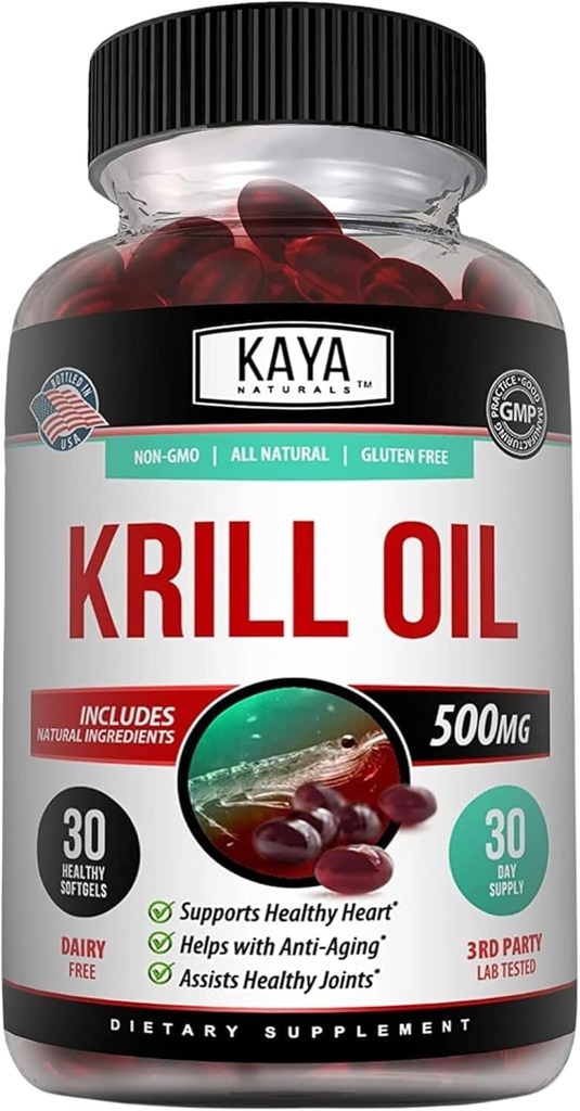 Kaya Naturals - Antárctico Krill Oil 500mg com Omega 3, EPA, DHA, Phospholipids & Astaxantina Suplemento - Cérebro & Saúde Vitamina - Anti envelhecimento Suplemento - 30 Count Softgels