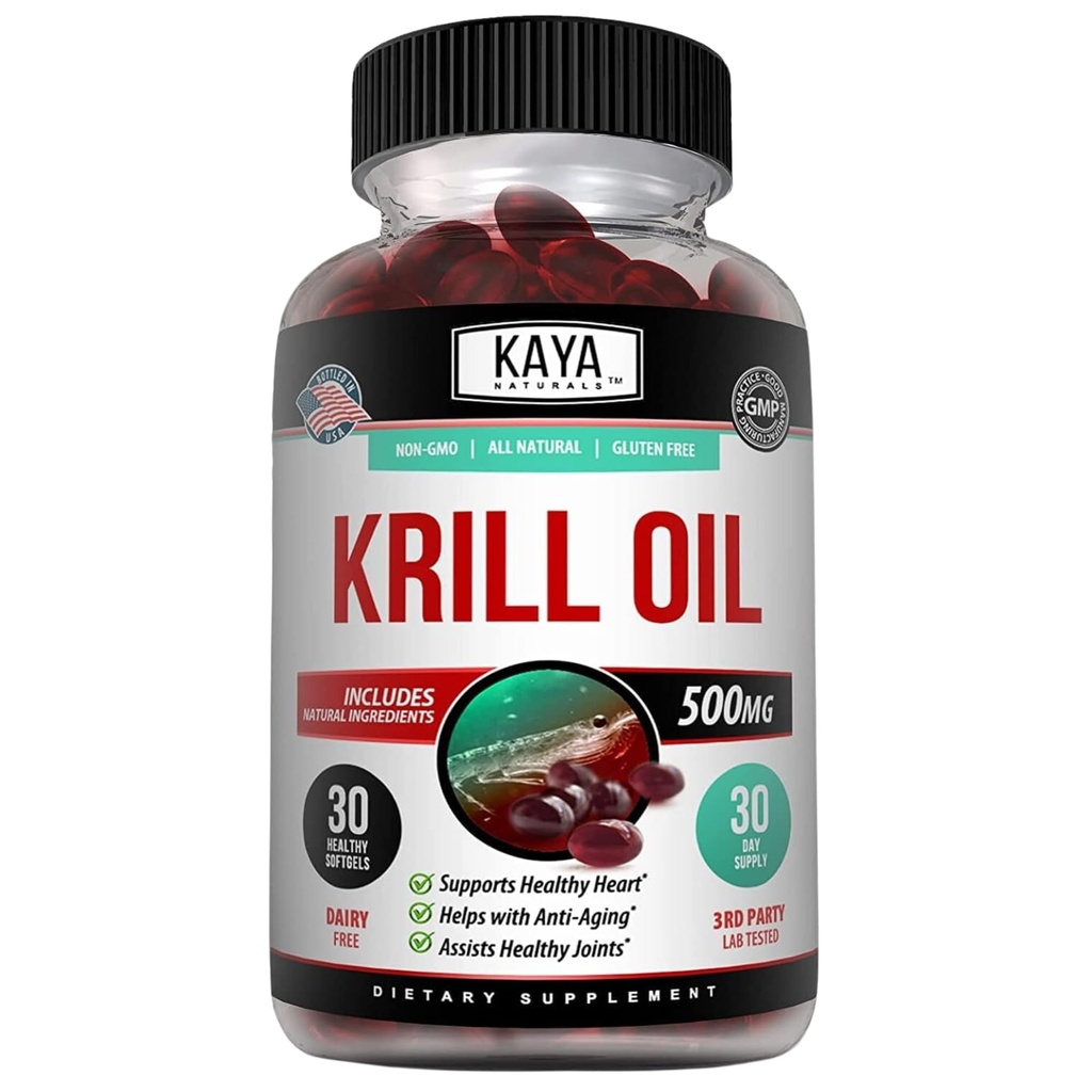 Kaya Naturals - Antarctic Krill Oil 500mg with Omega 3, EPA, DHA, Phospholipids & Astaxanthin Supplement - Brain & Health Vitamin - Anti Aging Supplement - 30 Count Softgels