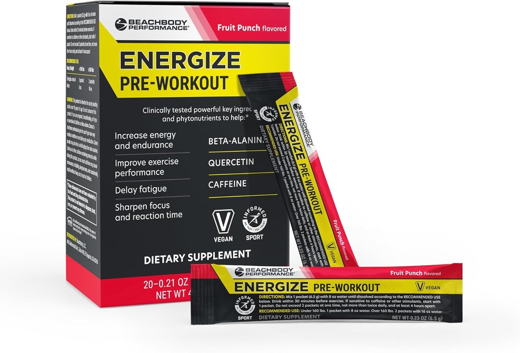 BODi Energize Pre Workout Powder - Beta-Alanine, Quercetin & Low-Dose Caffeine Formula Energia eta Fokua Hobetzeko, Energia eta Endurance Supplement, Fruit Punch, 20 Stick