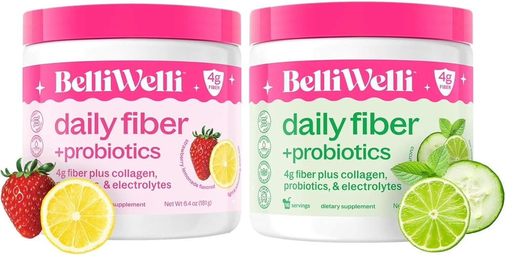 Belli Welli Daily Fiber Supplement Duo - Limonada de morango e limão de pepino - com Colágeno, Probióticos e Eletrolitos - Refrescando sabores para bem-estar equilibrado - 32 Total Servings