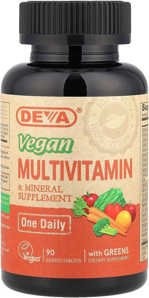 DEVA Крихітні таблетки Vegan Multivitamins для жінок і чоловіків, багатовітамін з залізом, мінеральними добавками, вітаміном С, Вітамін В Комплекс, Вітамін В12, Вітамін Е, цинк, клейковини безкоштовно, 90 таблеток