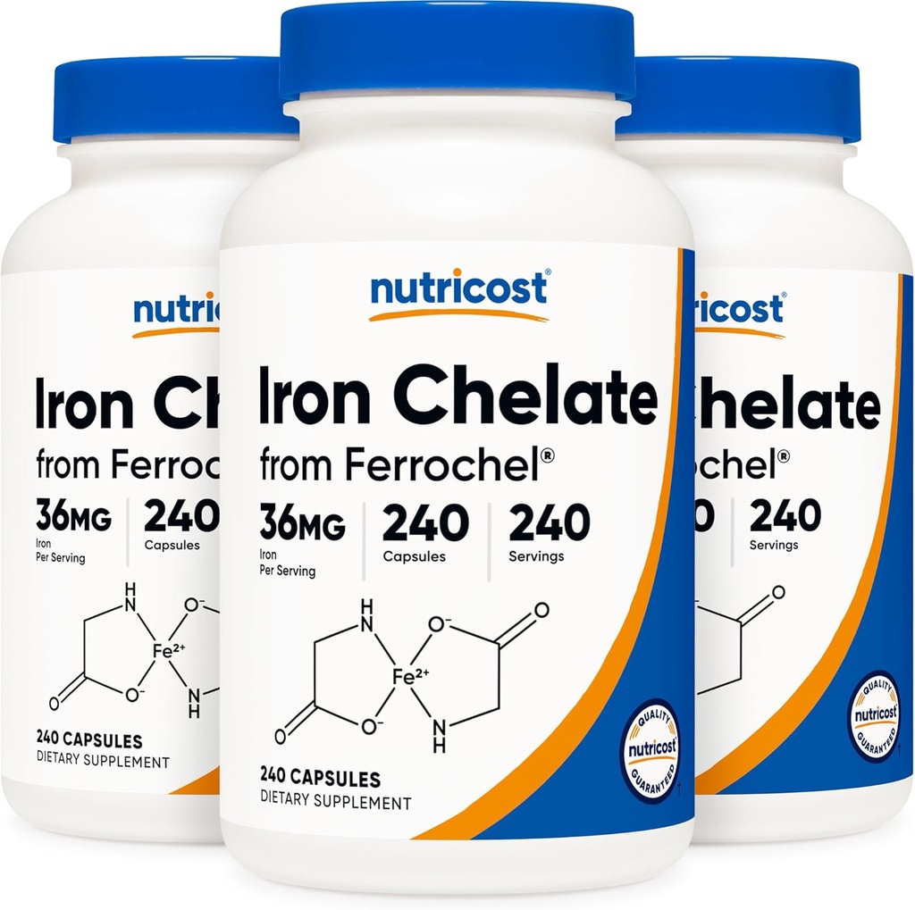 Nutricost Chelated Iron, As Ferrochel, 36 mg, 240 kapsulių (3 buteliai)