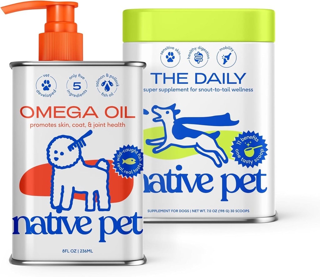 Native Pet Pack Leaders Bundle - Daily Dog Multivitamin (7 oz.) " Omega Oil for Dogs (8 oz.) - Omega 3 Fish Oil for Healthy Skin, Shiny Coat, " powerful Joints " Daily Multivitamin for Pups