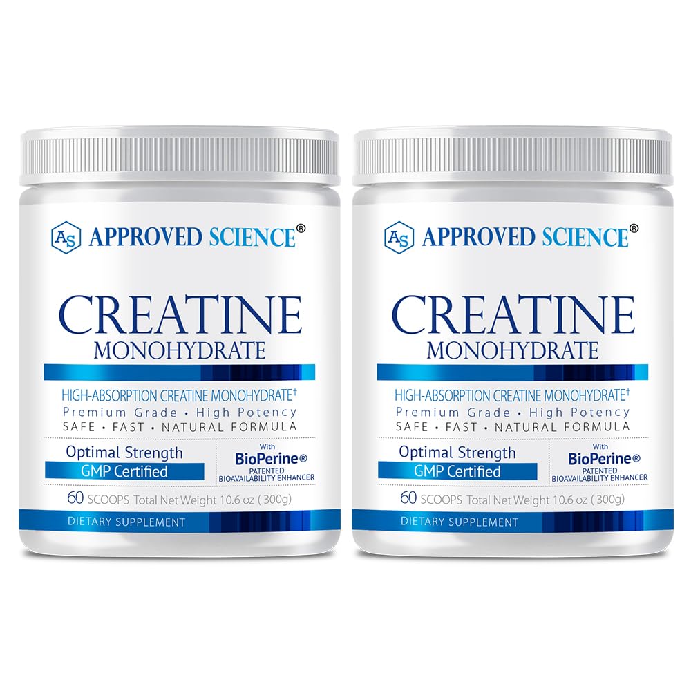 Approved Science Creatine Monohydrate Powder – with BioPerine – Supports Strength, Lean Muscle & Recovery – 5 g Per Serving – Unflavored Creatine Powder – Non-GMO, Vegan – 120 Servings (Pack of 2)