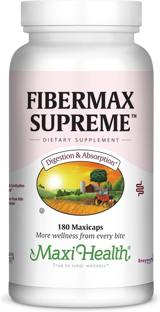 Maxi Health Fibermax Supreme – Fiber Kapsule za nežne prebavne in Gut podporo – Vegetarian Psyllium Husk kapsule – Kosher Fiber Dopolnilo za moške in ženske (180 grof)