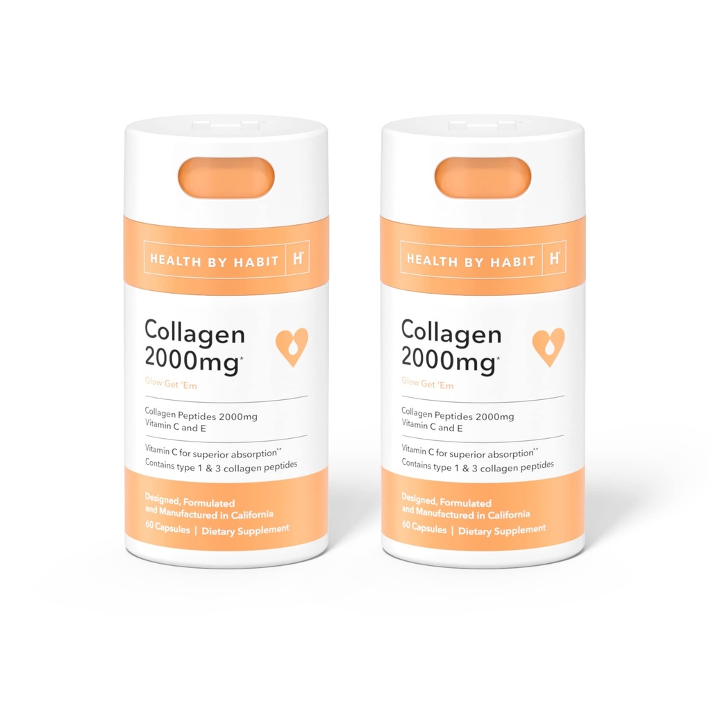 Health by Habit Collagen Supplement 2 Pack (120 Capsules) - Vitamin C & Vitamin E, 2000mg, Collagen Peptides, Superior Absorption, Support Your Skin, Non-GMO, Sugar Free (2 Pack)