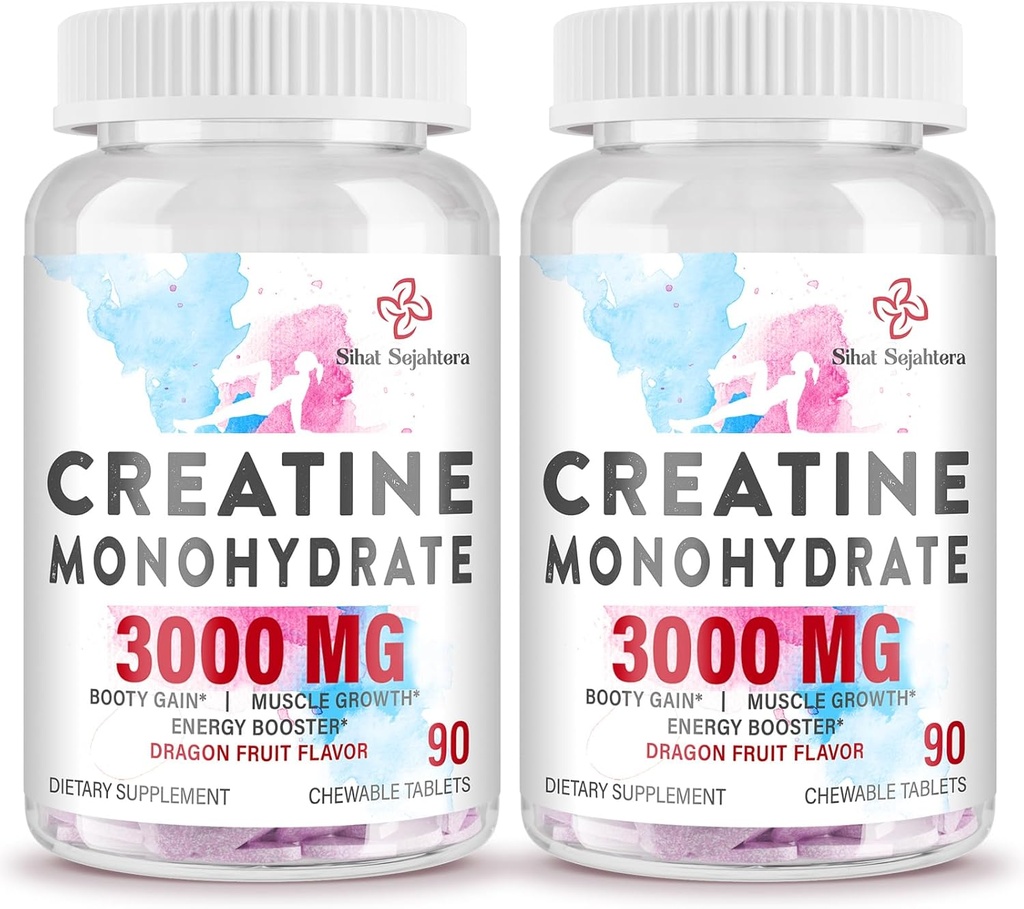 3000 MG Creatine Monohydrate for Women and Men, Creatine Pills with BCAA & Hydrolyzed Collagen Creatine Chews Tablets errendimendua eta berreskuratzea, Indarra, Dragon Fruit Flavor, 180 Tablet