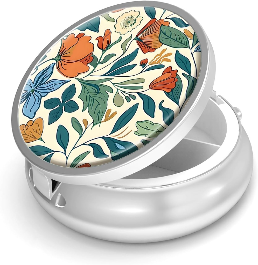 Pill Box-3 Compartment Small Pill Case för Purse & Pocket Mini Metal Pill Holder Travel Pill Container för att hålla tillägg Vitamins BPA-Free (Floral Pattern)