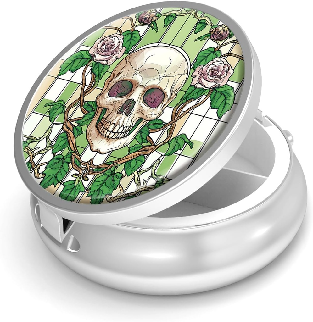 Pill Box-3 Compartment Small Pill Case para Purse & Pocket Mini Metal Pill Holder Travel Pill Container para soster Suplementos Vitaminas BPA-Free (Skull e Rose)