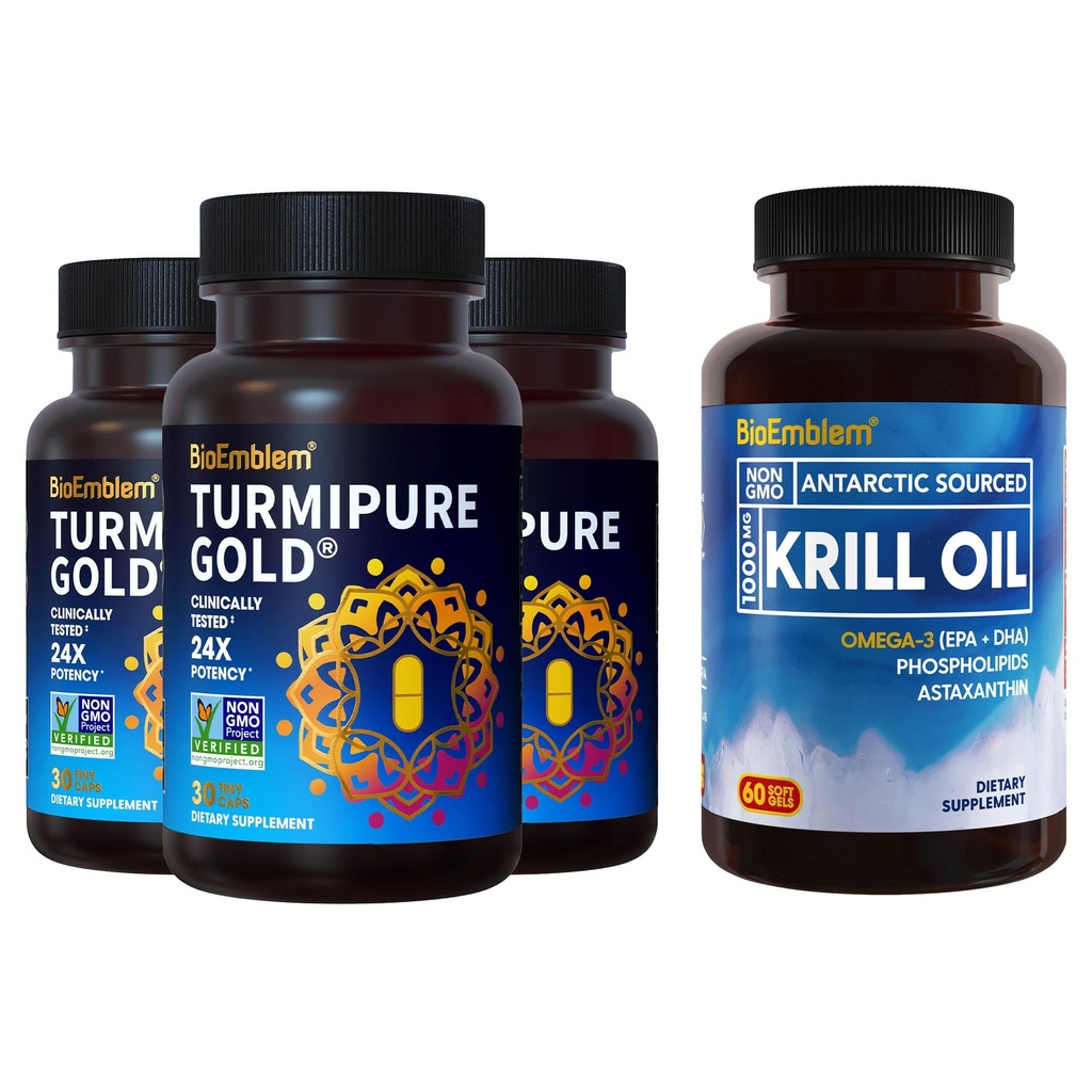 BioEmblem Antarctic Krill Oil Supplement Turmeric Curcumin with Clinically Studied TurmiPure - Joint Support, Healthy Inflammation Turmeric Supplements