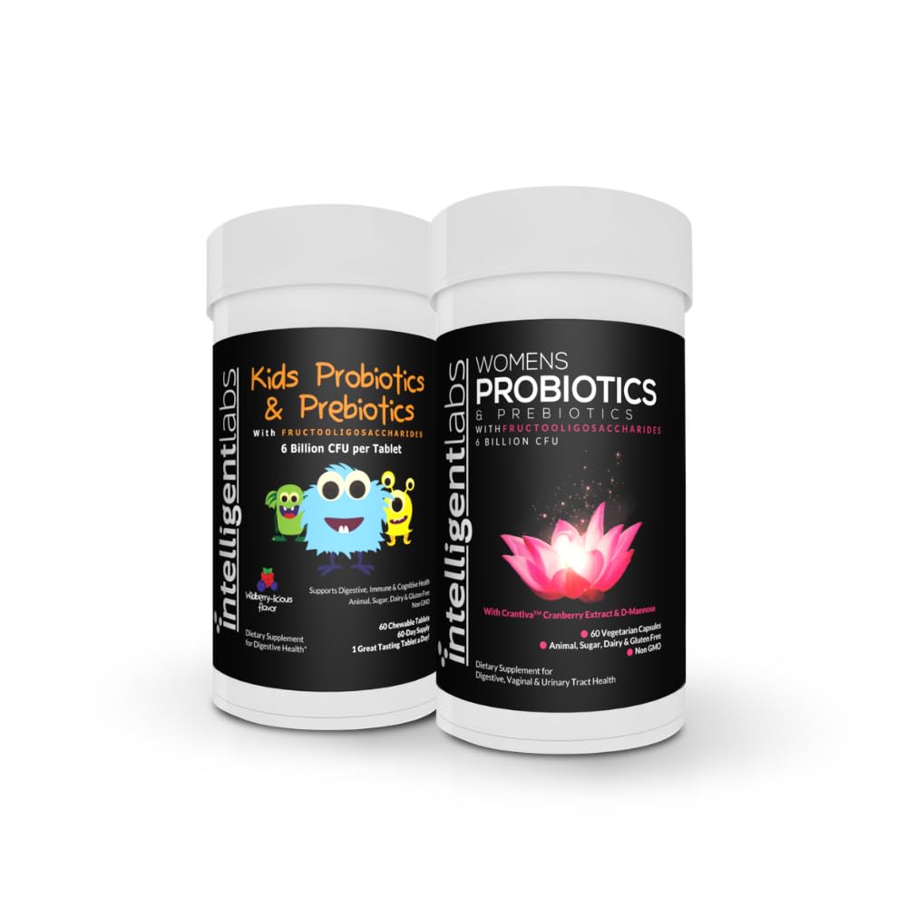 Intelligent Labs 2-in-1 Bundle of Kids’ Probiotics with Hydrolyzed Guar Gum and FOS + Women’s Probiotics (UTI Formula with Cranberry & D-Mannose), No Refrigeration Required, 2 Months Supply Per Bottle