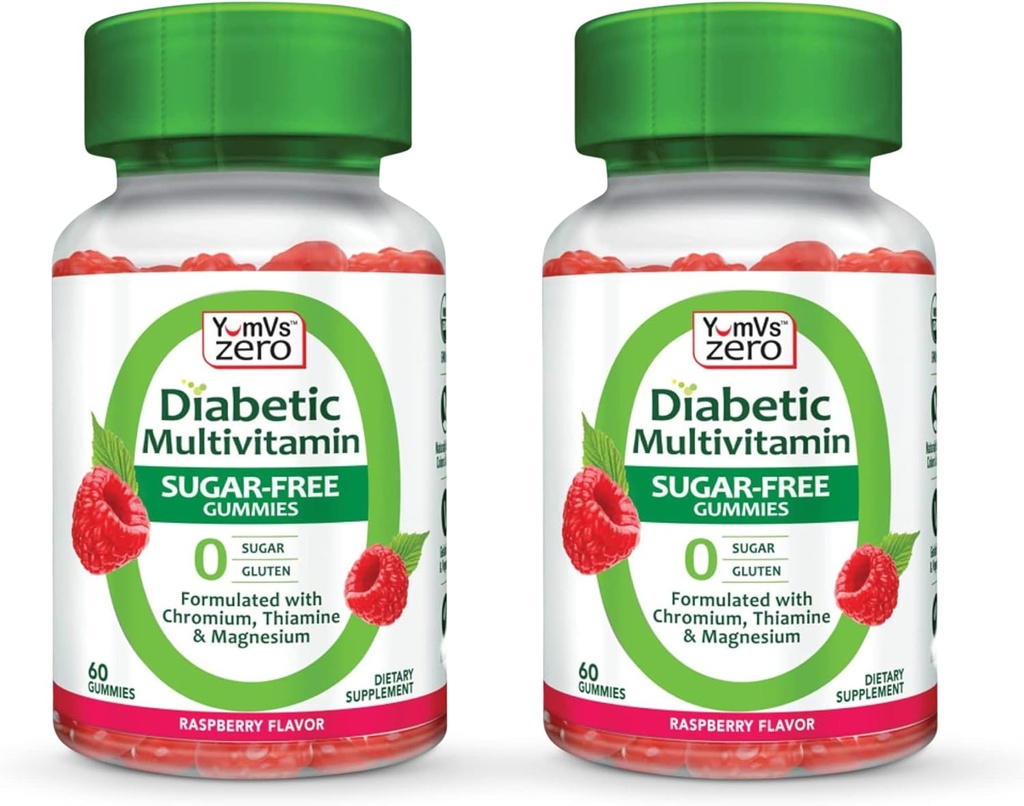 YUM-V'S Multivitamin-Gummien | Zuckerfreie Ergänzung Vitamine für Frauen & Men | Chrom, Thiamin und Magnesium | Natürliche Himbeer-Flamour-Gekäse - 60 Count- (Pack von 2)