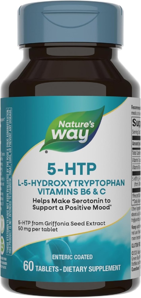 A vía 5-HTP da natureza, L-5-Hydroxytryptophan, axuda a facer a serotonina para promover unha perspectiva positiva*, vitamina B6, vitamina C, extracto de feixón Griffonia, 60 tabletas (Packaging May Vary)