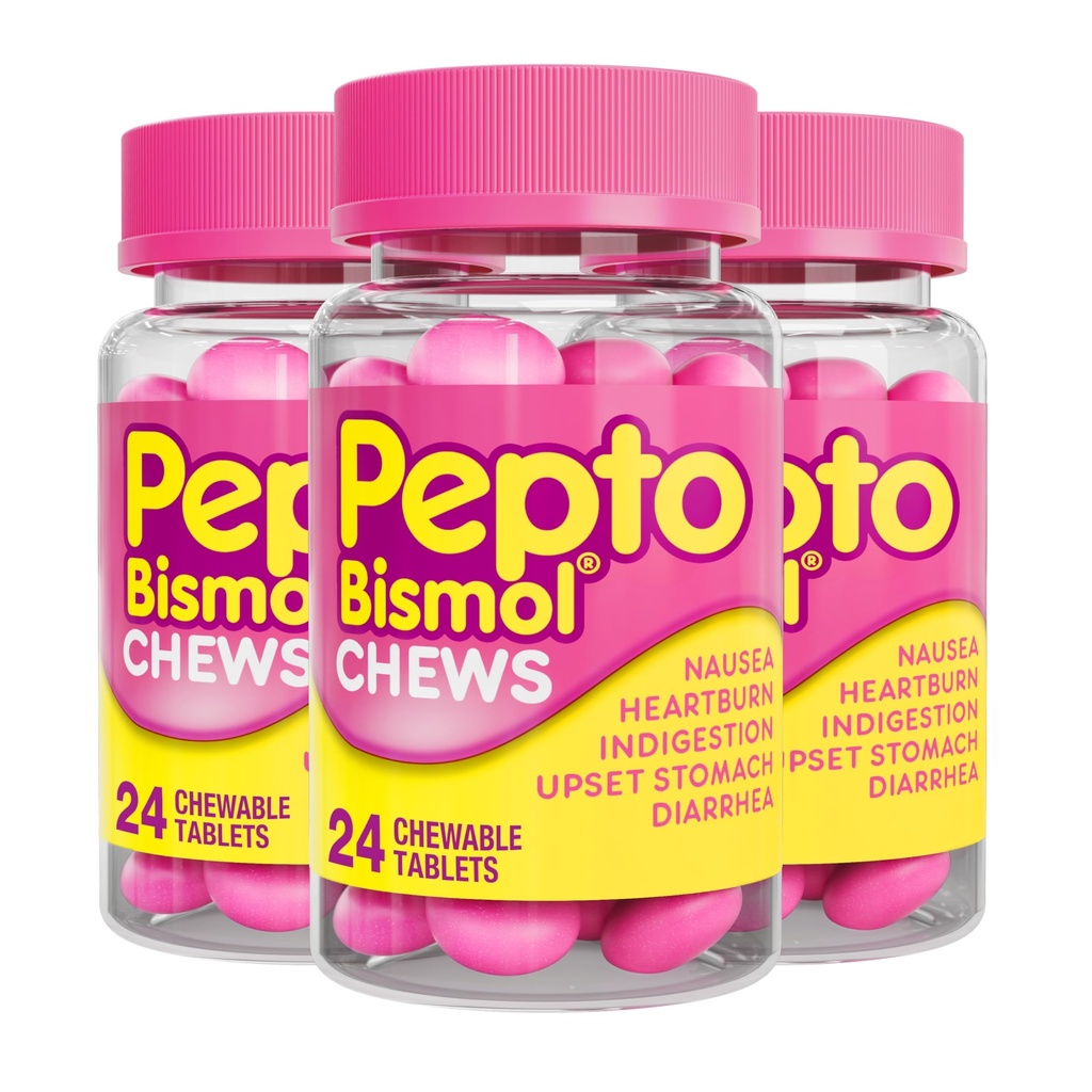 Pepto Bismol Chews, Upset Stomach Relief, Nausea Relief, Heartburn Relief, Indigestion Relief, Anti Diarrhea Medication for Adults - 5 Symptom Fast Relief, 72 Chewable Tablets (3x24 ct)