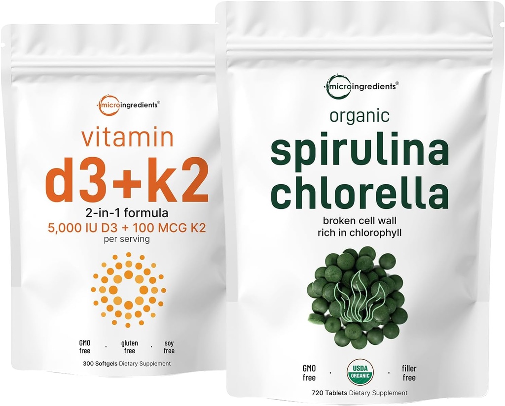 Mikrokoostisosad Orgaaniline Chlorella Spirulina 3000mg Tabletid & Vitamiin D3 5000iu + K2 100mcg Komplekt 2 Pack | Krakitud raku sein, rikas veganproteiin & klorofüll | Olulised päikesepaiste vitamiinid