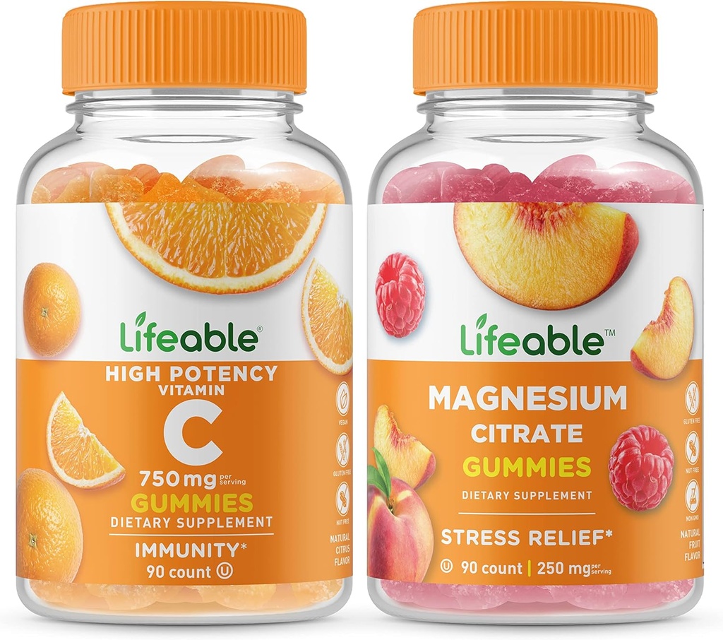 Vitamin C 750mg + Magnesium 85mg, Gummies Bundle - Great Tasting, Vitamin supplement, Gluten Free, GMO Free, Chewable Gummy