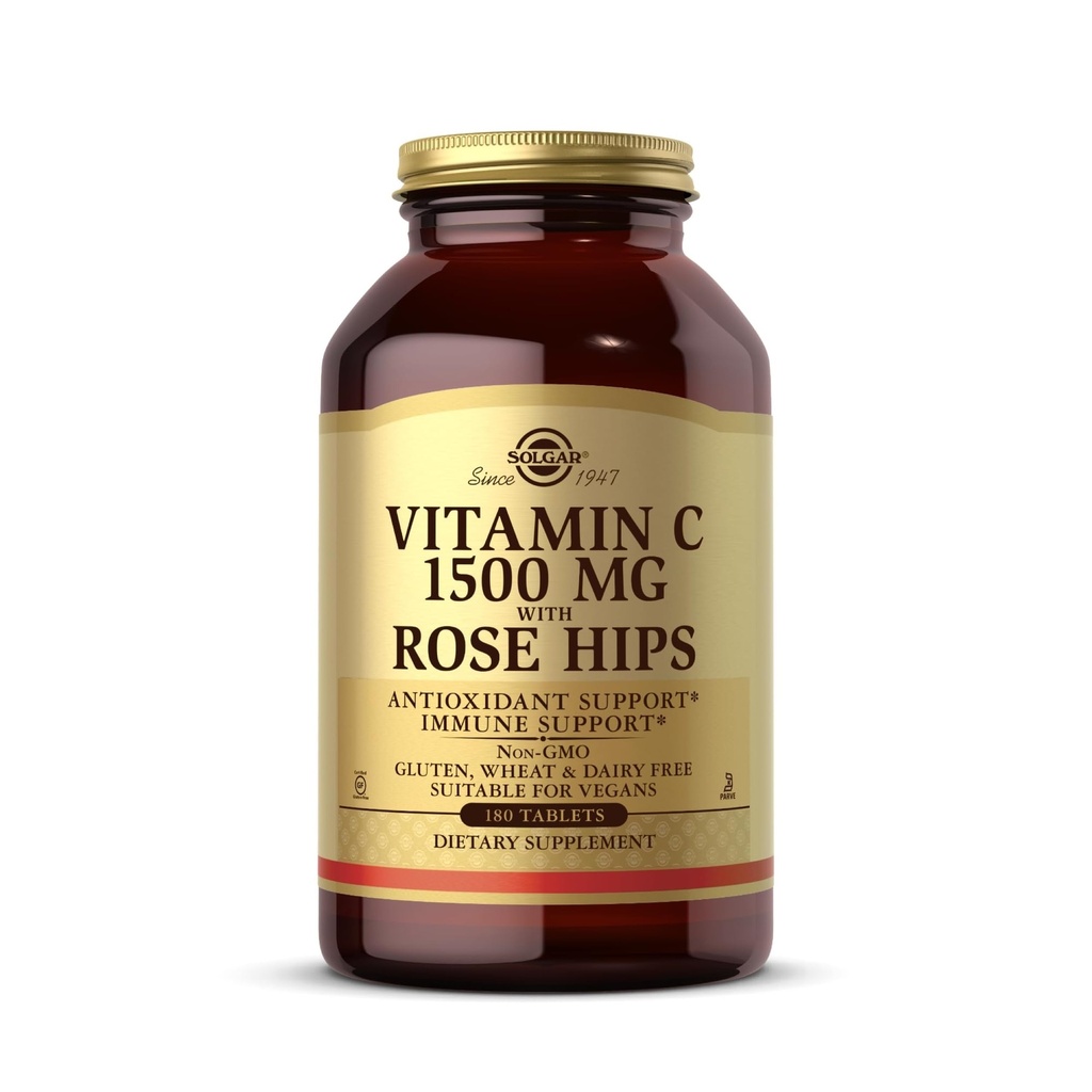 Solgar Vitamin C 1500 mg with Rose Hips, 180 Tablets - Antioxidant & Immune Support - Overall Health - Supports Healthy Skin & Joints - Non GMO, Vegan, Gluten Free, Dairy Free, Kosher - 180 Servings