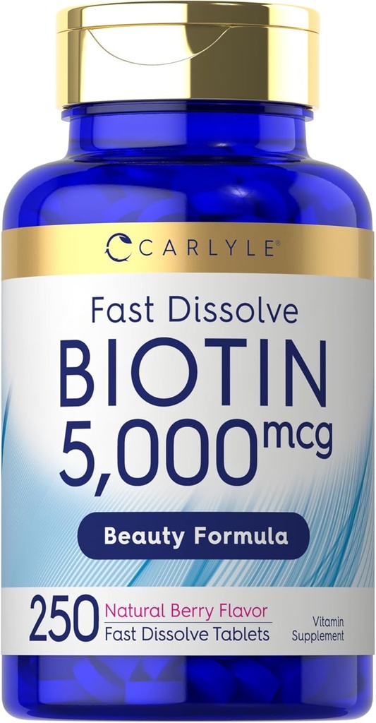Carlyle Biotin 5000mcg ↓ 124; 250 szybko rozpuszczonych tabletek ↓ 124; wegetarianin, Non-GMO, gluten