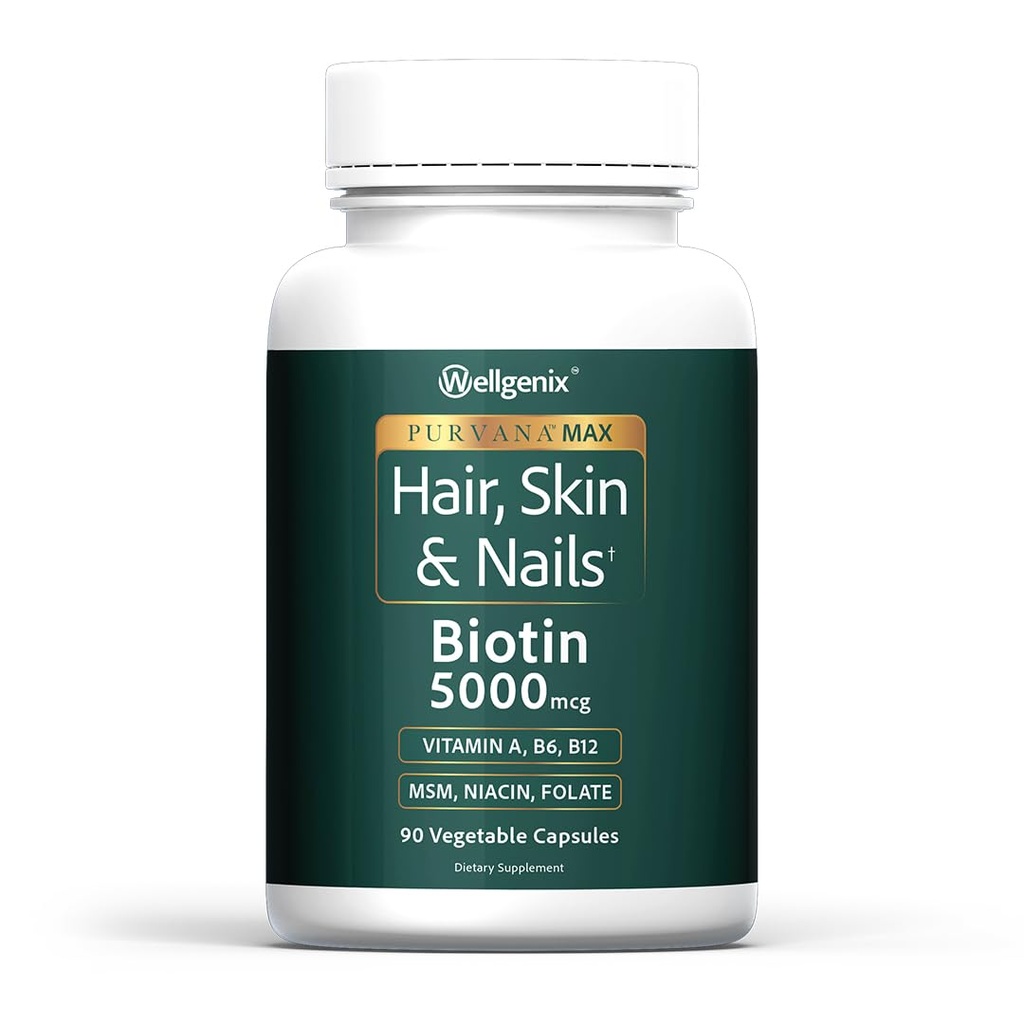 Wellgenix Purvana MAX Hair Skin and Nails Supplement – 5000mcg Biotin with MSM & B-Complex – Supports Thicker Hair, Stronger Nails & Glowing Skin – 90 Veggie Capsules