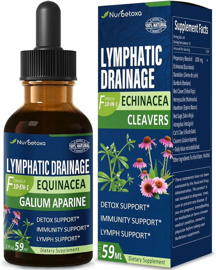 Cleavers Lymphatic Drainage Drops for Lymph System Detox Cleanse, Lymphedema Support Supplement Formula w/Echinacea, Cat’s Claw, Red Clover Extract Tincture, Use with Lymph Massage Tool. 2oz