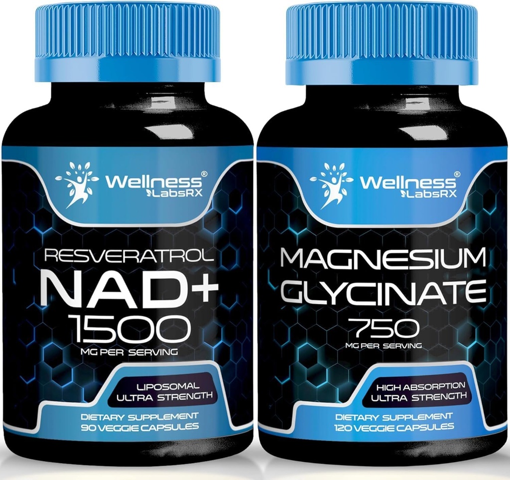 Cápsulas de glicinato de magnesio - 750mg - Suplemento de magnesio de alta absorción , Suplemento de NAD, 1500mg - NAD+ liposómico Suplemento con resveratrol