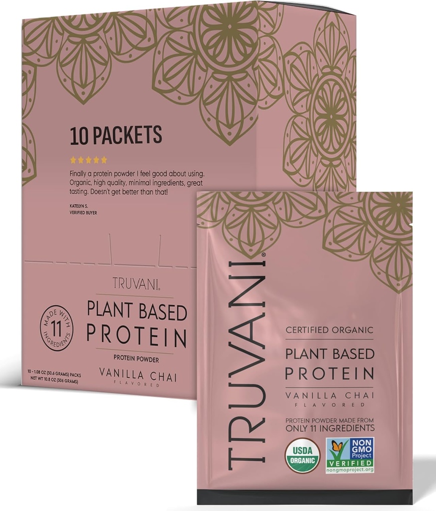 Truvani Vegan Pea Protein Powder | Vanilla Chai | 20g Organic Plant Based Protein | Single Serving Travel Packets | 10 Serving | Keto | Gluten & Dairy Free | Low Carb | No added Sugar
