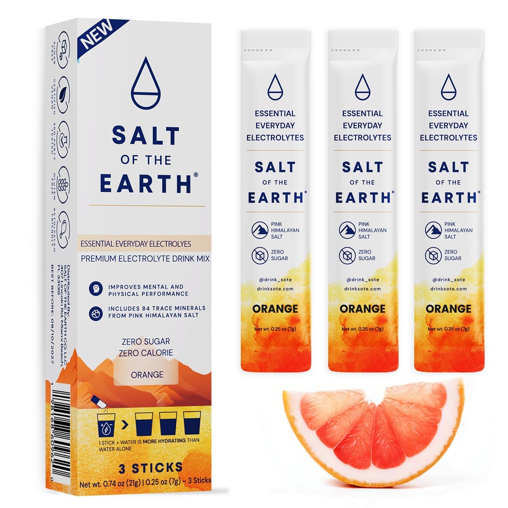 Salt of the Earth Premium Zero-Sugar Electrolyte - Made with Pink Himalayan Salt - Hydration Powder Packets | Premium Ingredients | Keto & Paleo Friendly | 3 Sticks, Orange