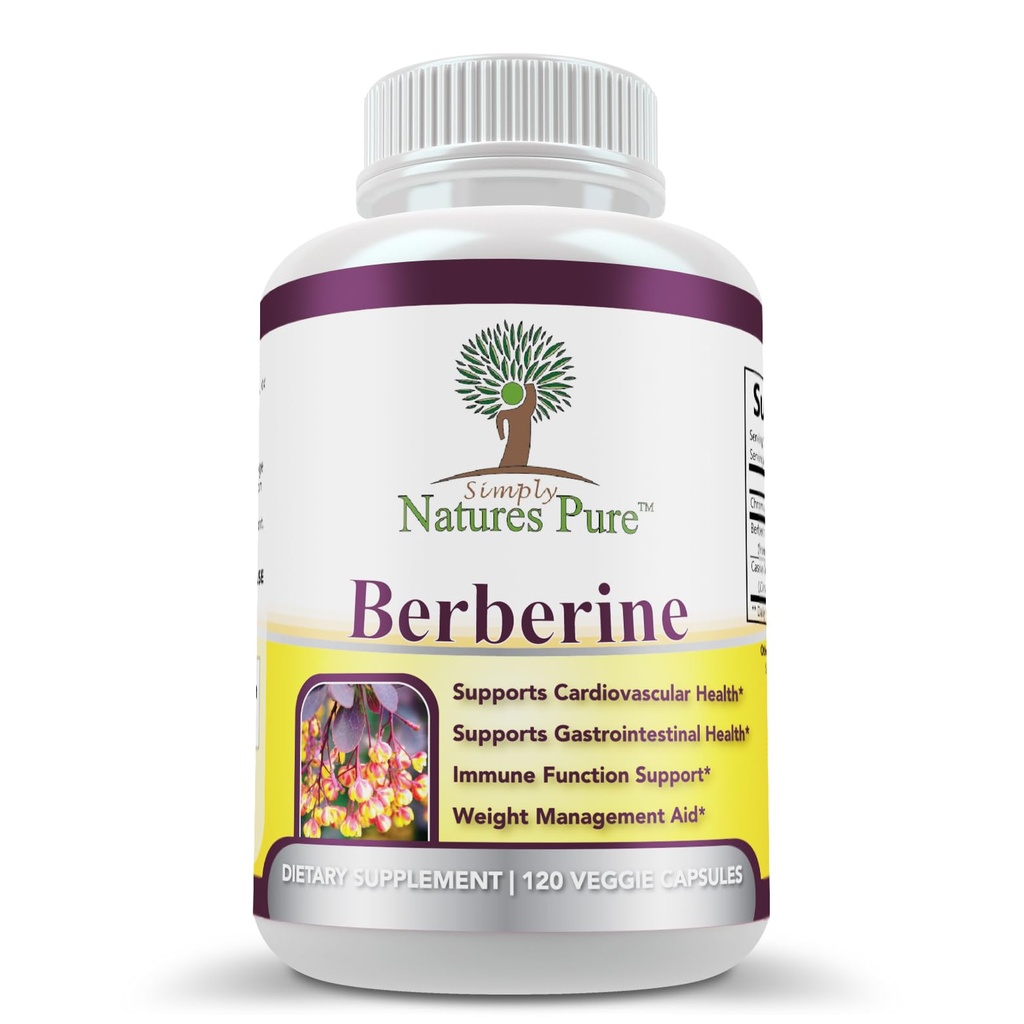 Simply Natures Pure Premium Berberine HCl 500mg - 120 Capsules - Cardiovascular Gastrointestinal Immune Support - Chromium Cinnamon