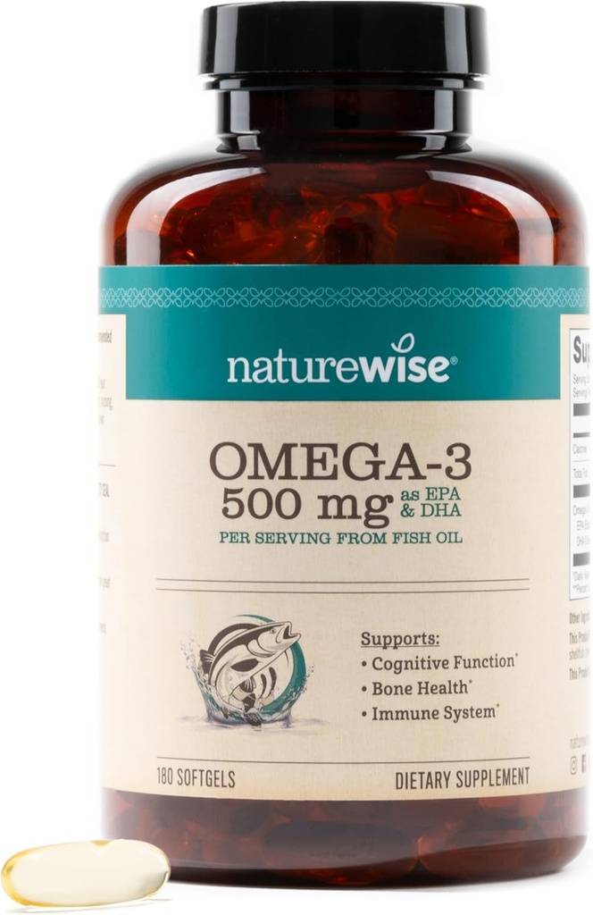 NatureWise Omega 3 Fish Oil - 500 mg / Pill - EPA & DHA - Immun Support, Brain Health & Optimal Wellness - Gluten és Soy Free, Non-GMO - 180 Softgels [6- hónap ellátás]