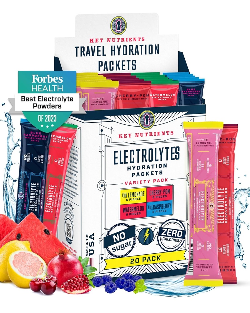 KEY NUTRIENTS Elektrolīti Pulverveida iepakojumi Nr. Cukurs - 4 Delicious Flavors in Hydration Packets 20 Pack - Nē Kalorijas, Bezglutēna Elektrolītu Pulverveida iepakojumi - Keto Friendly, NeĢMO, Ražots ASV