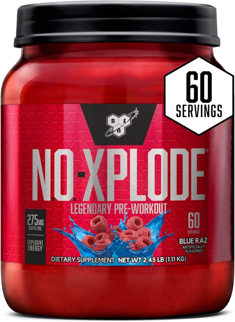BSN N.O.-XPLODE 사전 운동 분말, Creatine 및 Beta-Alanine, 맛이있는 남성과 여성을위한 에너지 보충 : 블루 Raz, 60 서빙