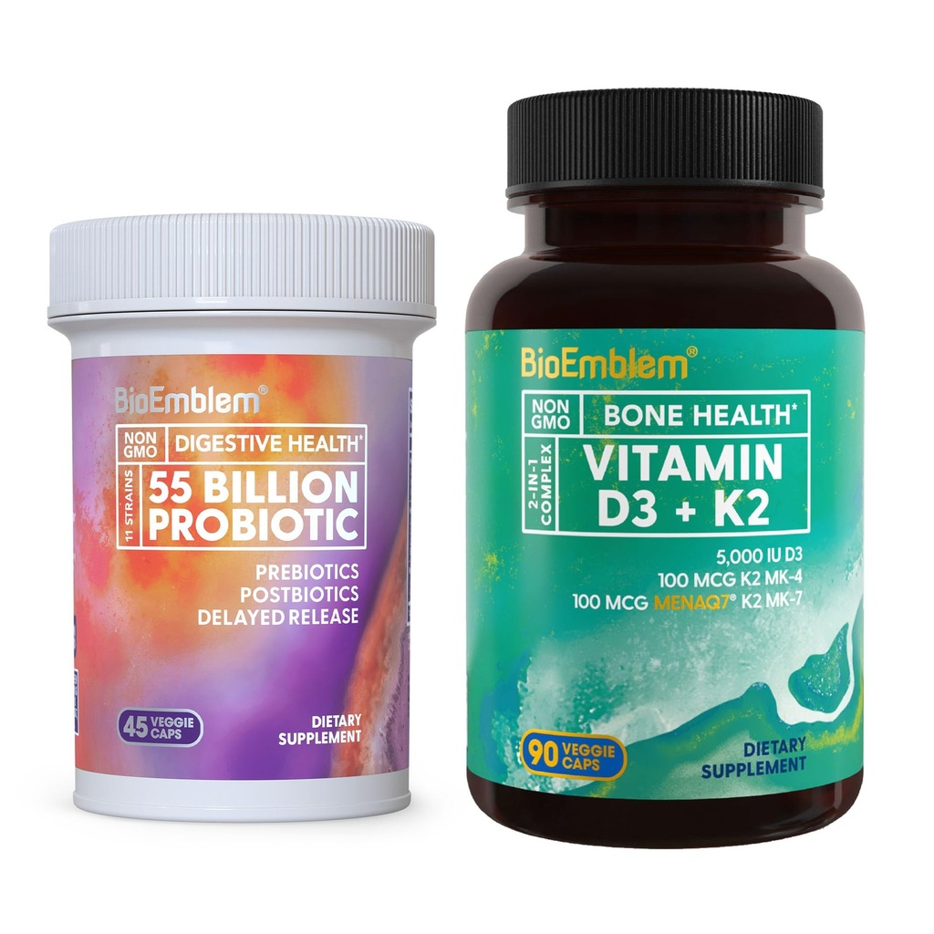 BioEmblem Vitamin D3 K2 (5000IU and 200mcg) & Probiotics for Women & Men