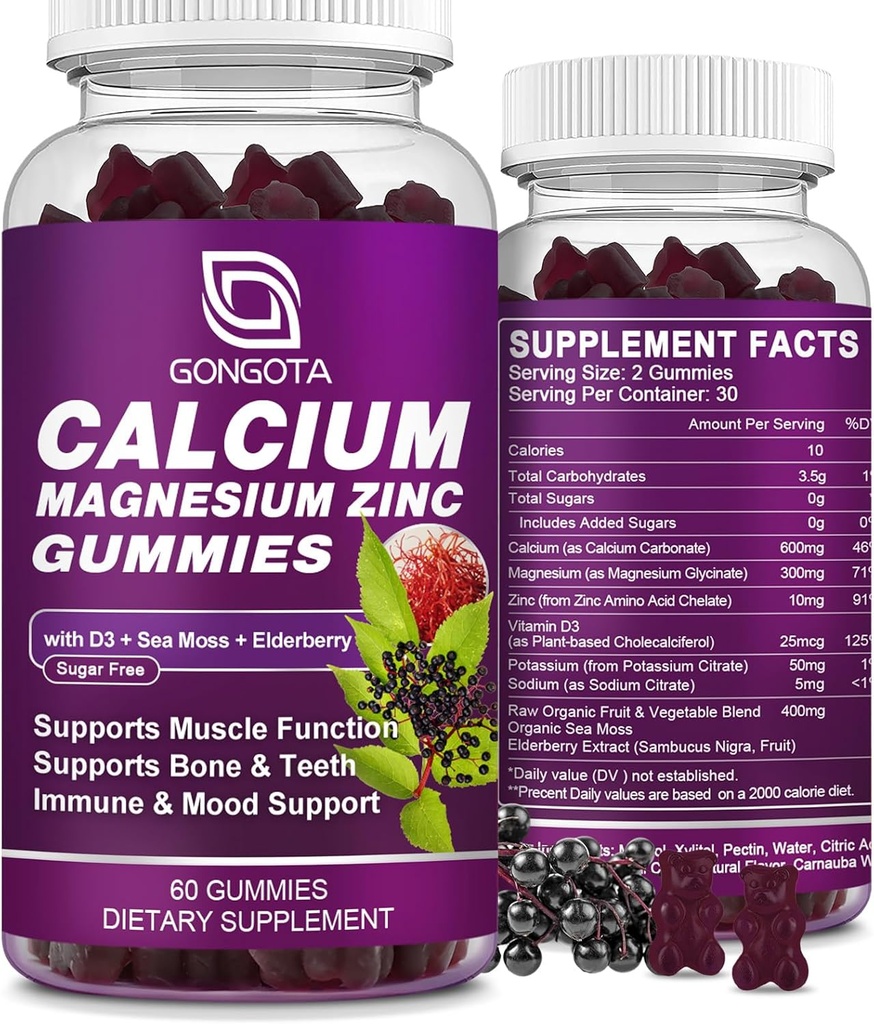 Кальцій магнію цинку з вітаміном D3 Supplement, Високо Absorbent Calcium Gummies з 300mg Magnesium гліцинат підтримки Bone & Teeth, М'язи для дорослих і підлітків,Sugar Free, Vegan - 60 Count
