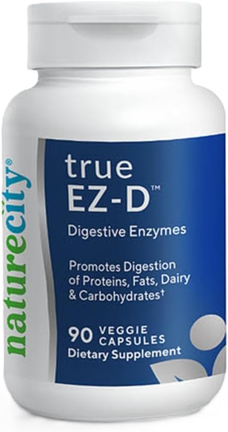 NatureCity True- EZ- D ei-GMO: n Dgestive Enzyme Complex Supplement for Digestive Health and Bloating Relief for Miehet ja naiset (90 kasviskapselit) Super Enzymes