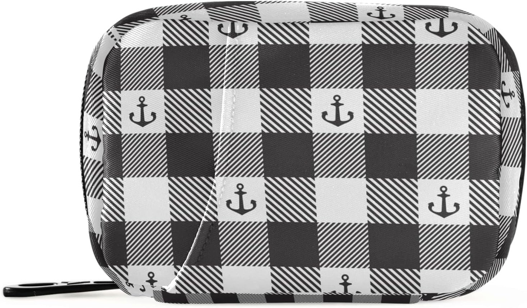 Black and White Plaid Anchor Pill Box 7 Day Pill案 旅行 Pill 组织者包,配有Zipper Portable Weekly Case Contract 大小的维生素补充剂持有者