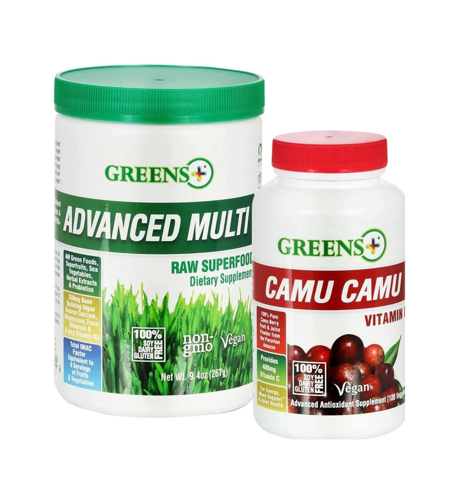Greens+ Advanced Multi Raw Superfood Powder Healthy Organic Blend, Non-GMO, Soy/Dairy/Gluten Free Camu Camu Vitamin C Supplement Pure Berry SuperFruit 400mg Vitamin C, 120 Veggie Capsules