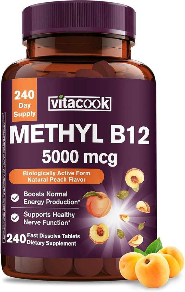 Vitamine B12 Sublingual, méthylcobalamine 5000mcg pour la production d'énergie, l'énergie, le soutien des nerfs et des cellules, l'arôme naturel de pêche, végétalien, sucre zéro, 240 comprimés à dissolution rapide