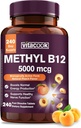 Vitamina B12 Sublingual, Methylcobalamin 5000mcg para produción de enerxía, enerxía, soporte nervioso e células, Llavor de pexego natural, Vegan, azucre cero, 240 tabletas de disolución rápida