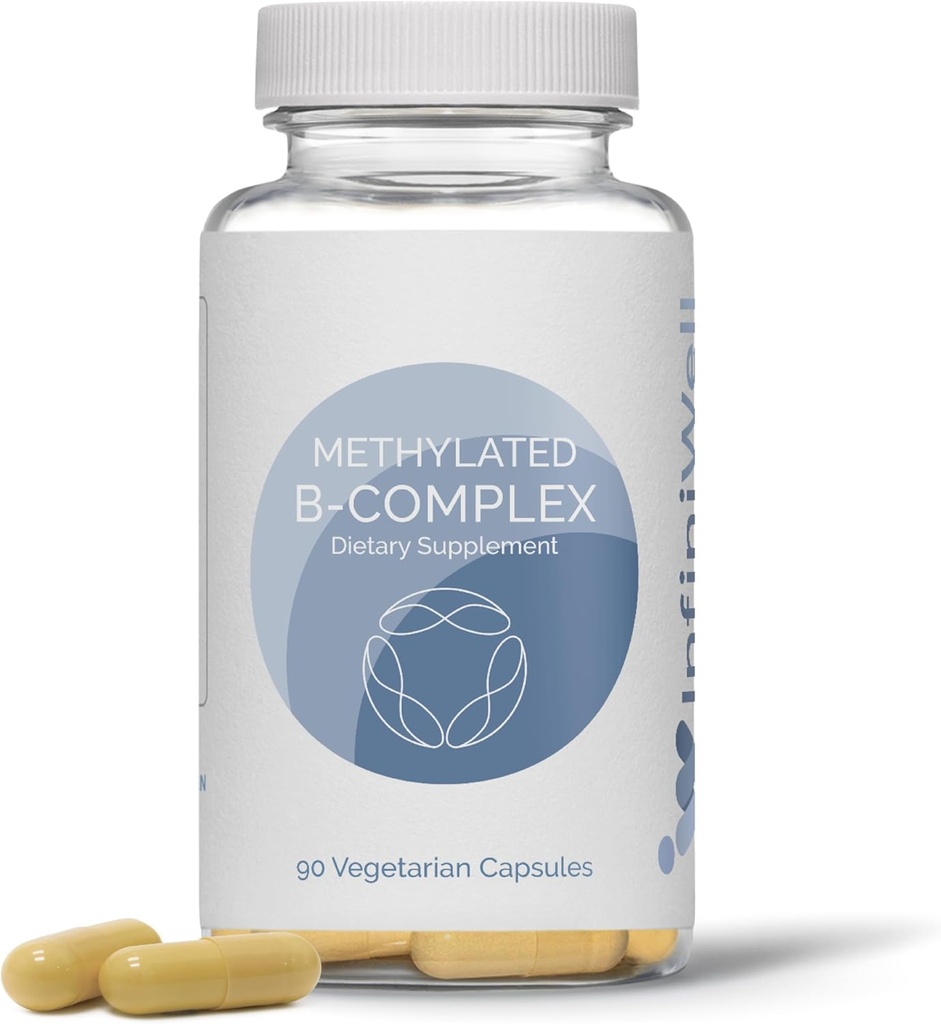 InfineWell Methylated B Complex - Metode Multivitamin dengan B Vitamin - Tinggi - Potency, Formasi Aktif untuk Sistem Gugup, Kesehatan Ammune & Adrenal - Memotori Methylation Sehat (90 Kapsul)