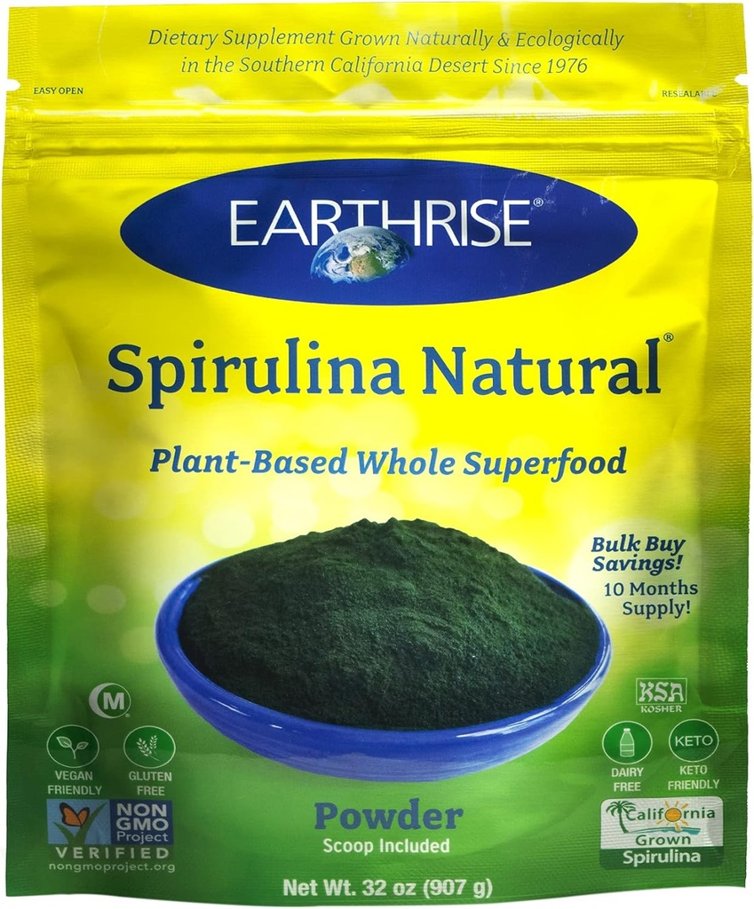 Earthrise Spirulina Dabīgs pulveris 32oz, Dabīgs Premium Spirulina no Kalifornijas-Vegāna, bez lipekļa, Keto Friendly, Non-GMO Super Pārtikas augsts vitamīnu un minerālvielu. (2 LB)