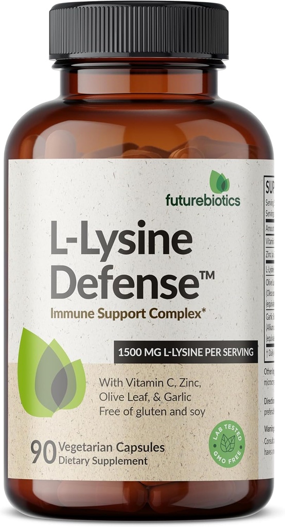Futurebiotyki L- Lysine Defense Immune Support Complex 1500 MG Per Podawanie z witaminą C, Cynk, Liść oliwek i czosnek - Non-GMO, 90 Kapsułki wegetariańskie