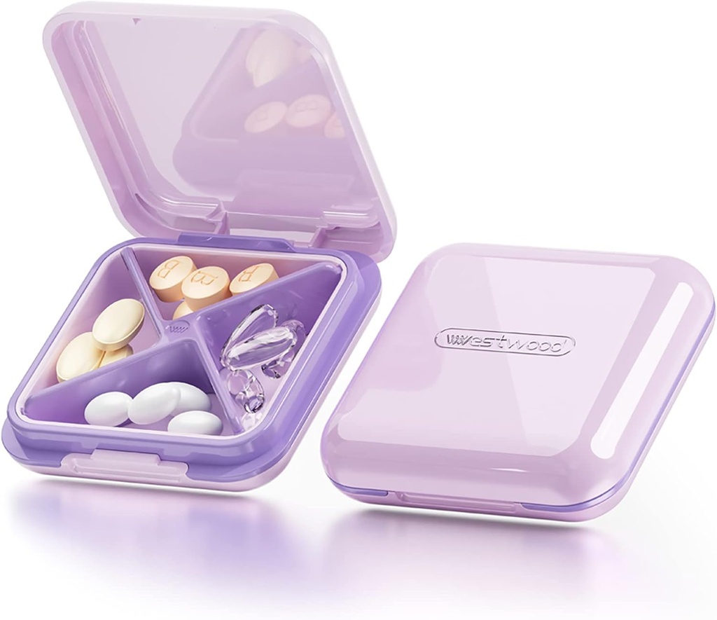 DUBSTAR Pillola Case,Small Pill Box - Impermeabile Portable Daily Pill Case for Purses Pocket Compact Travel Medicine Holder for Vitamins,Fish Oils,Supplements (4-Compartments, Viola)