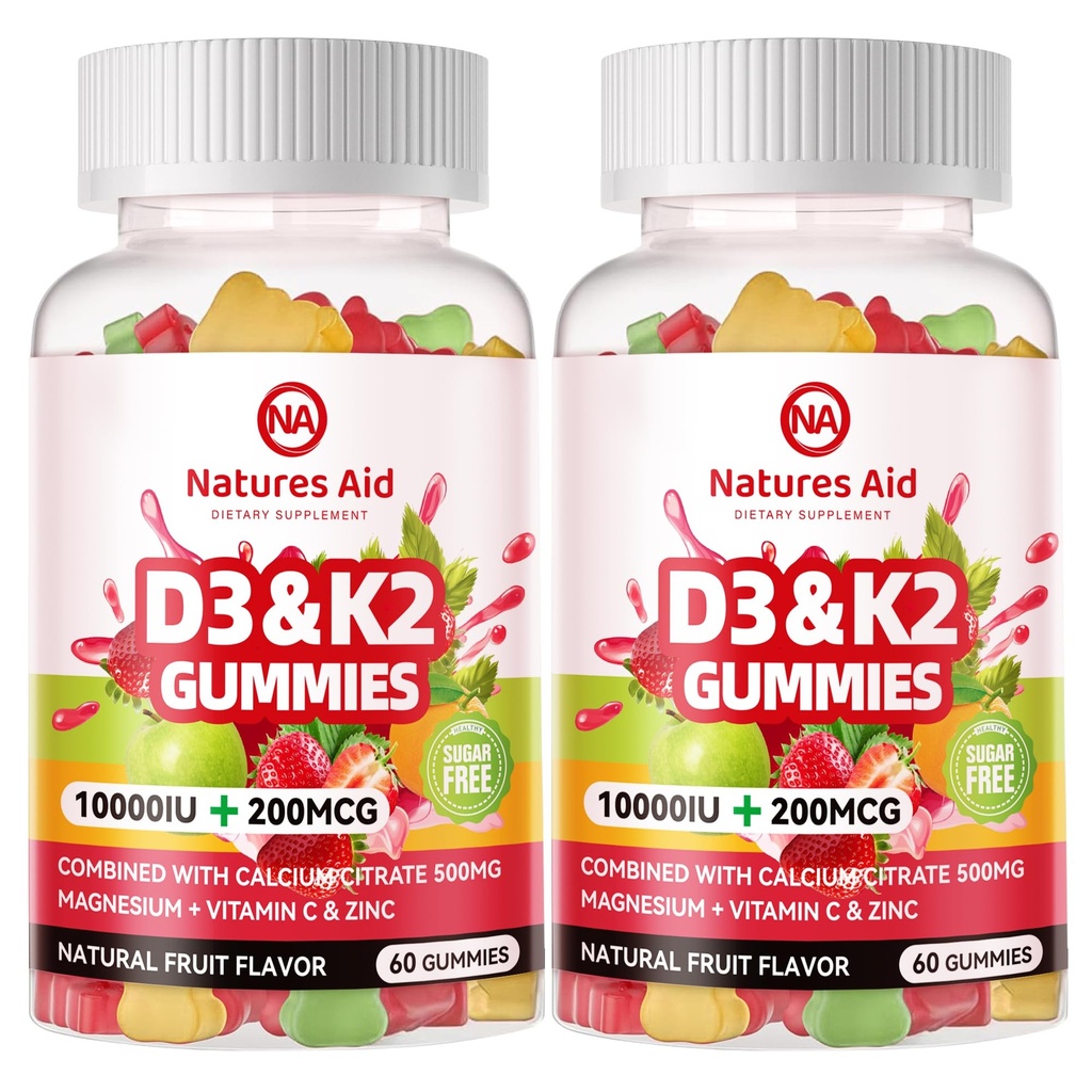 Natures aid Sugar-Free Vitamin D3 K2 Gummies with Calcium + K2 (MK-7), Magnesium Citrate, Vitamin C, Extra Strength - Ultimate Absorption for Bone Muscle Teeth Immune, Vegan - 120 Gummies