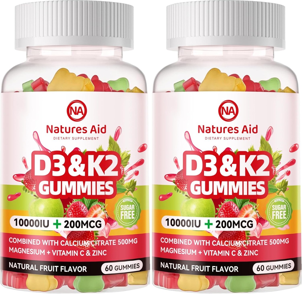 Natures aide la vitamine sans sucre D3 K2 Gummies avec Calcium + K2 (MK-7), Citrate de magnésium, Vitamine C, Extra Force - Absorption ultime pour les dents osseuses, Vegan - 120 Gummies