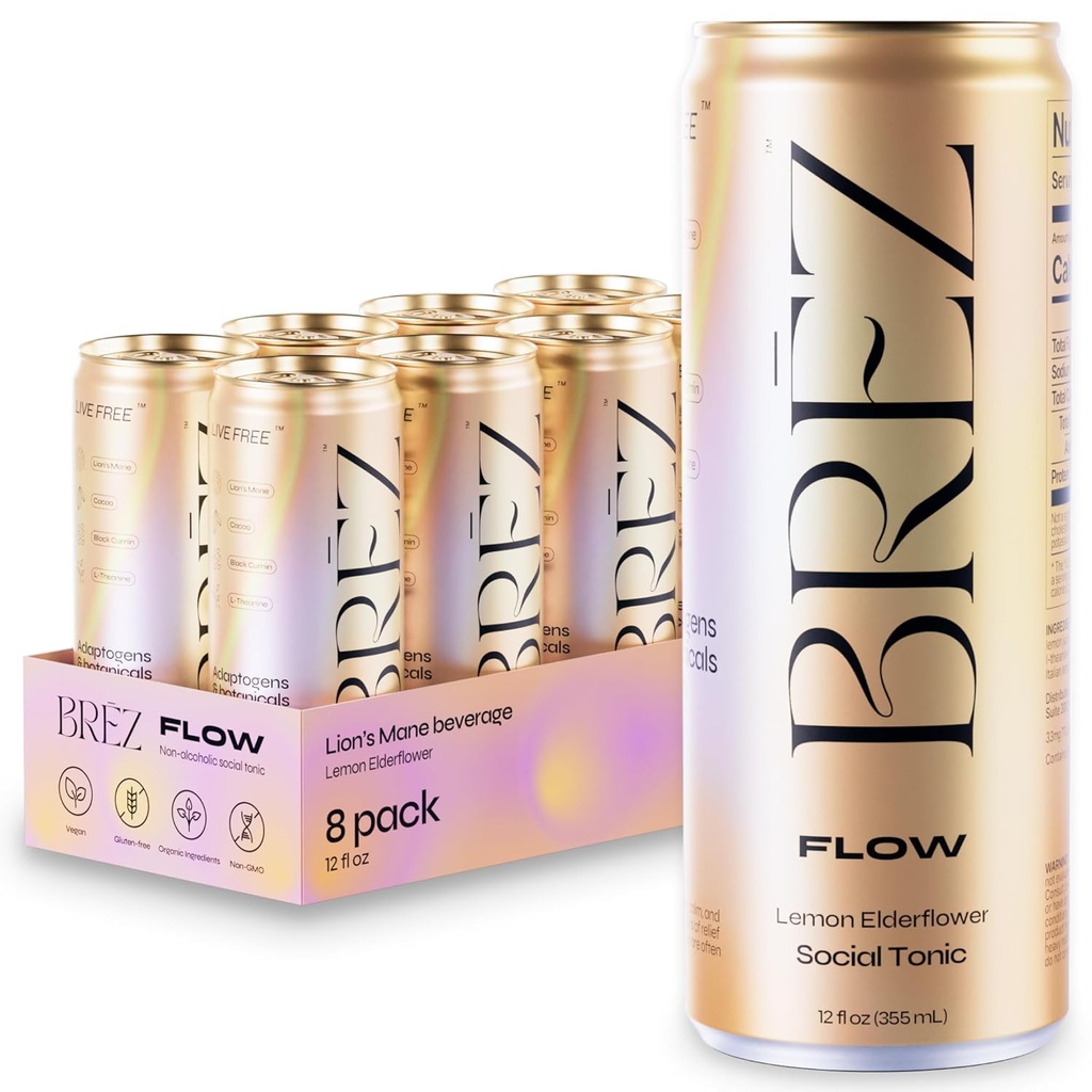 BREZ FLOW Mushroom Mane Mushroom Drink, 8- Pack, Non-Infused, Adaptogens, Relieving, Podnoszenie, i społeczne, musujące Lemon Elderflower Tonic 12 Fl oz